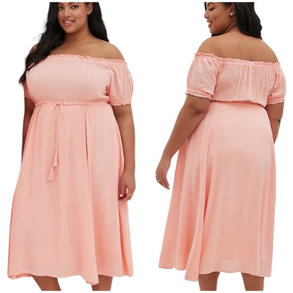 Torrid NWT Off-Shoulder Peasant Midi Dress - Challis Peach Size 4X Waist Tie - Picture 1 of 8